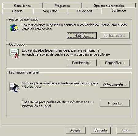 seccion de contenido de internet Explorer, IE para la proteccion del menor