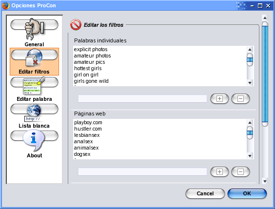 filtro de palabras lista blanca en firefox