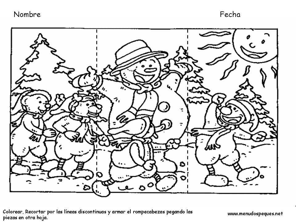Ficha infantil Sobre El Invierno. Colorear y recortar por las líneas discontinuas para armar el rompecabezas pegando las piezas en otra hoja.