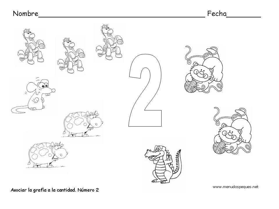 Ficha infantil sobre los N&uacute;meros. Asocia la graf&iacute;a a la cantidad. El N&uacute;mero Dos.