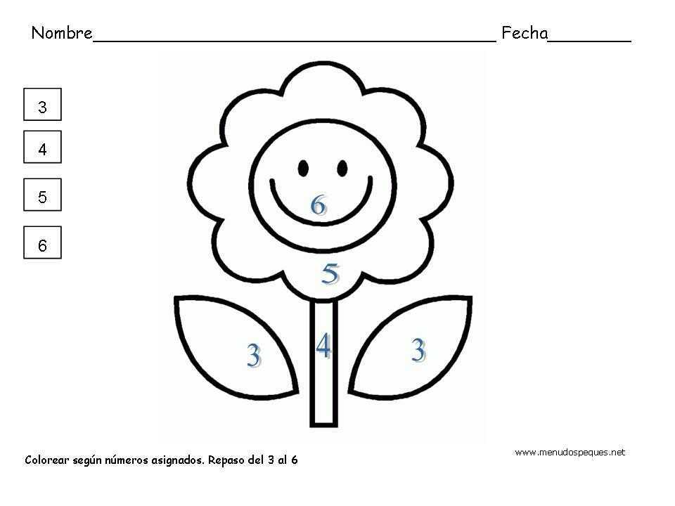Ficha infantil sobre los N&uacute;meros. Colorear seg&uacute;n los n&uacute;meros asignados. Repaso del tres al seis.