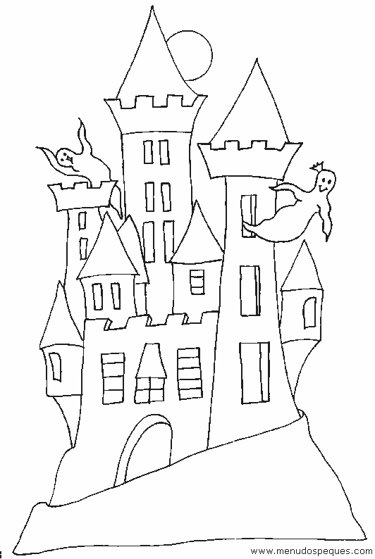 lamina para colorear de un castillo especial halloween con fantasmas