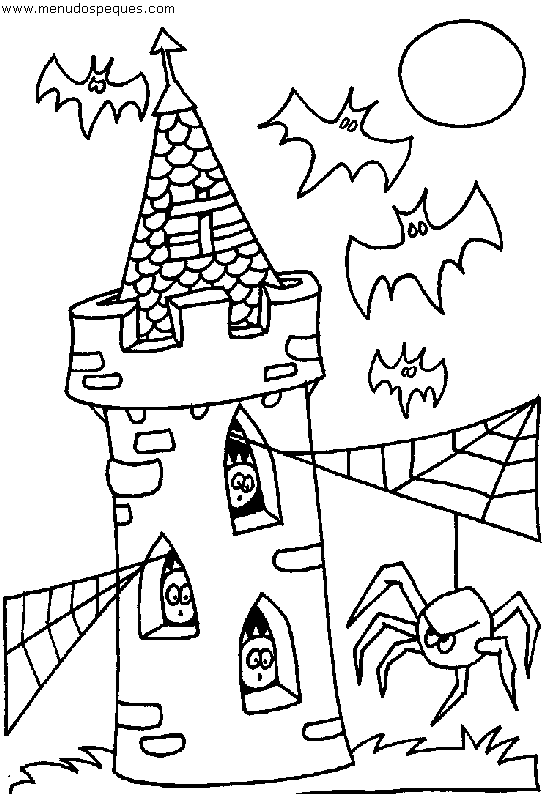 Castillo halloween para colorear con fantasmas, ara&ntilde;a y murcielagos