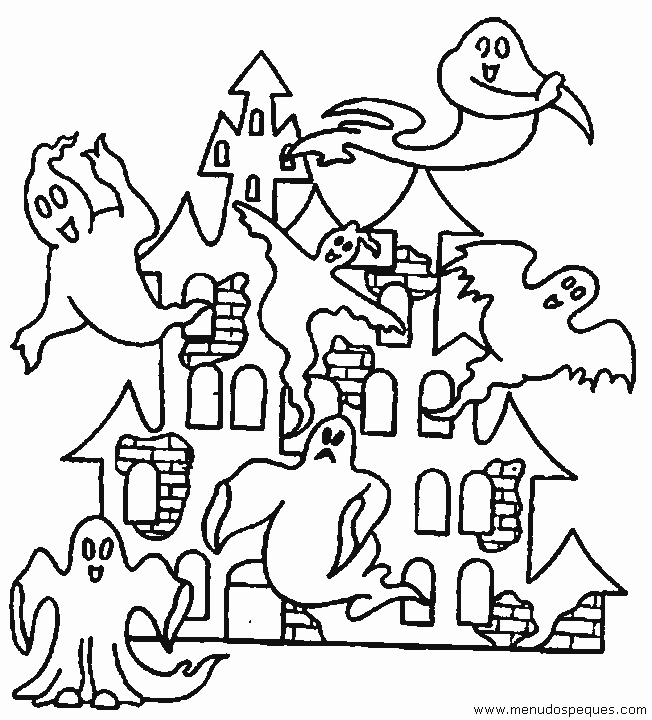 Castillo halloween para colorear con fantasmas