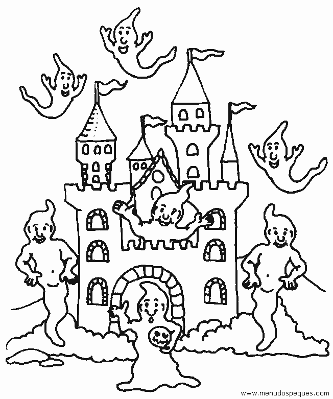 Castillo halloween para colorear con fantasmas