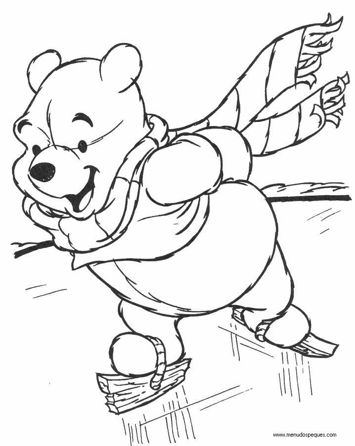 lamina para colorear del invierno Winnie The Pooh con Patines y Bufanda