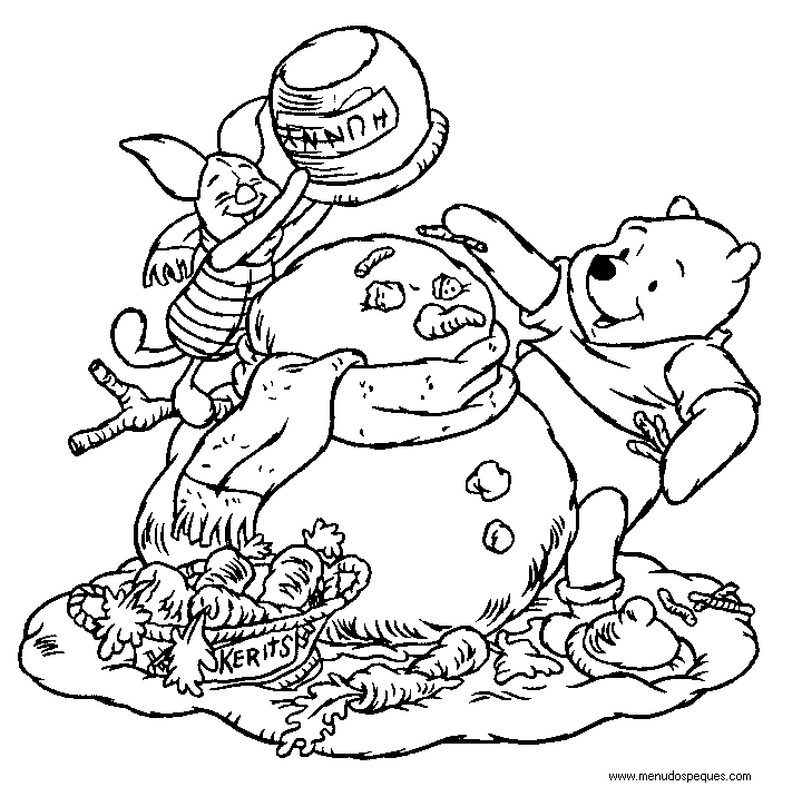 lamina para colorear del invierno Winnie The Pooh haciendo un Mu&ntilde;eco de Nieve
