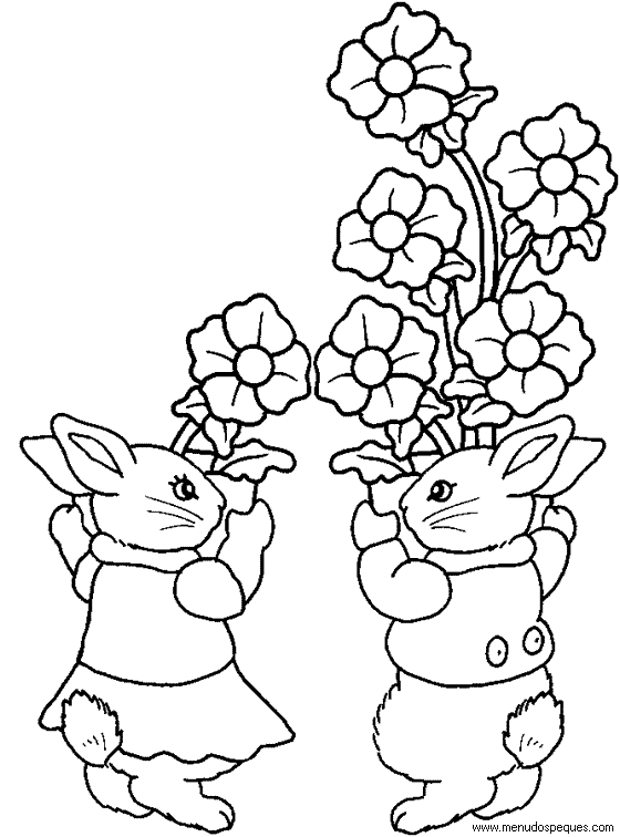 lamina para colorear de la Primavera conejitos con flores