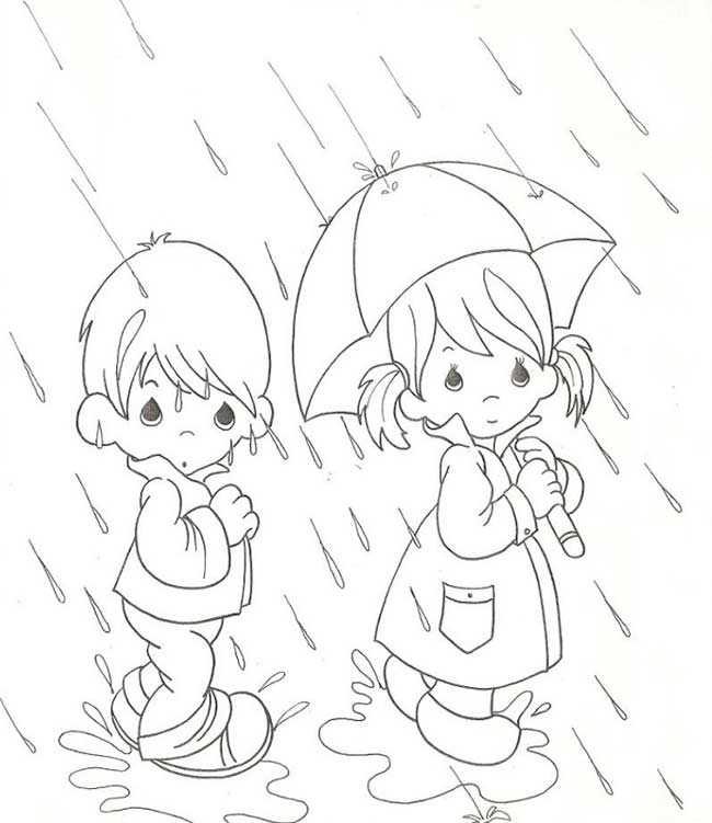 Niños con Paraguas Bajo la Lluvia para Colorear