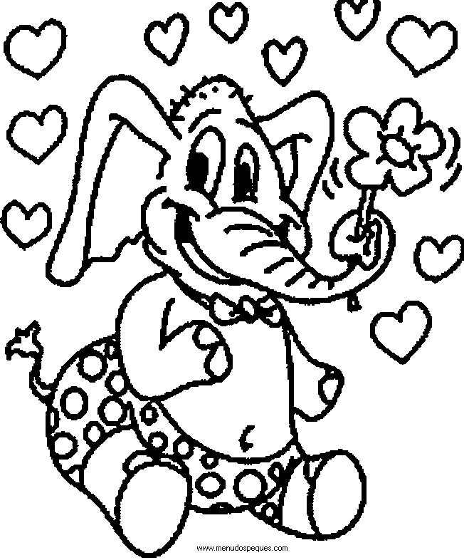 imprimir y colorear l&aacute;minas para el d&iacute;a de San Valent&iacute;n. Elefante enamorada con corazones