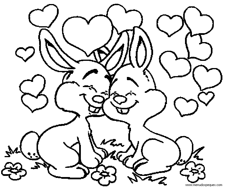 imprimir y colorear l&aacute;minas para el d&iacute;a de San Valent&iacute;n. Conejitos de san valent&iacute;n enamorados