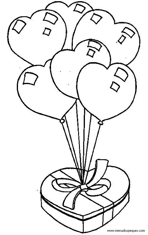 imprimir y colorear l&aacute;minas para el d&iacute;a de San Valent&iacute;n. Caja de bombones con globos