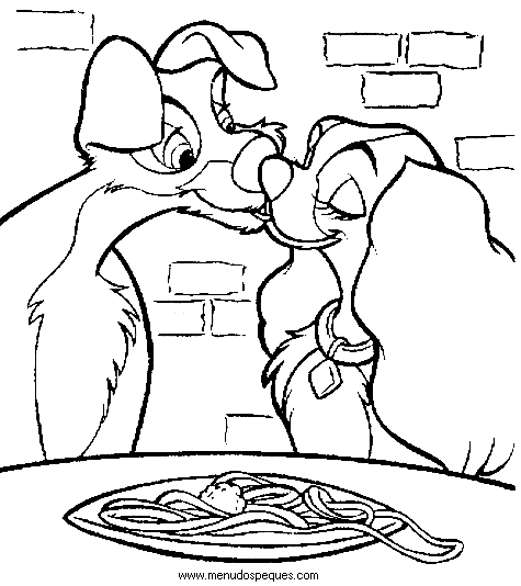 imprimir y colorear l&aacute;minas para el d&iacute;a de San Valent&iacute;n. Bambie, La Dama y el Vagabundo comiendo espaguettis y besandose