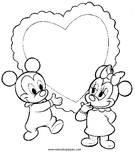 imprimir y colorear l&aacute;minas para el d&iacute;a de San Valent&iacute;n. Bambie, Mickey mouse y Minnie Mouse con un coraz&oacute;n