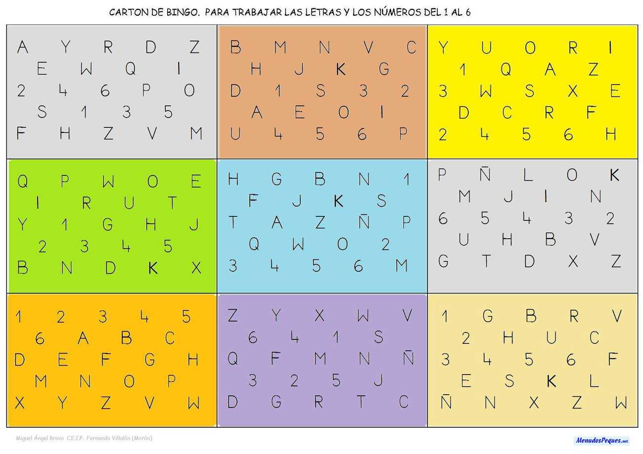 Cartón de bingo con los  números del 1 al 6 y las letras