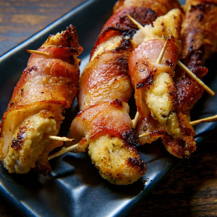 Bocaditos de pollo envueltos en bacon dulce y picante sin azúcar, Recetas keto, bajas en carbohidratos