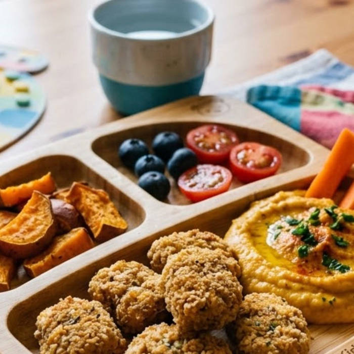 Nuggets y hummus de calabaza servidos en un plato infantil