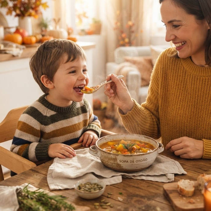 Madre dando una sopa de otoño nutritiva a su hijo en casa con calabazas de fondo
