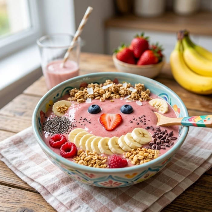 smoothie bowl de fresa y plátano para niños