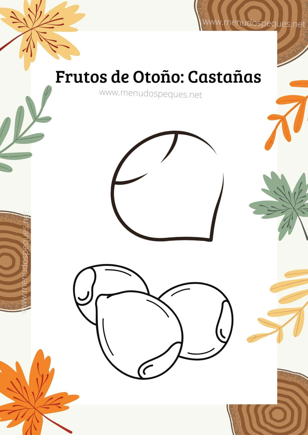 Dibujos castañas, colorear castaña, otoño, frutos secos