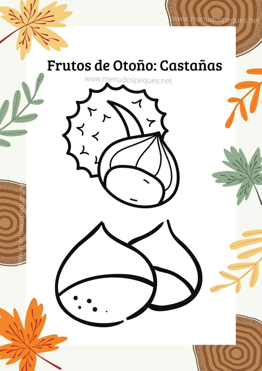 colorear castañas, colorear frutos secos otoño, dibujos