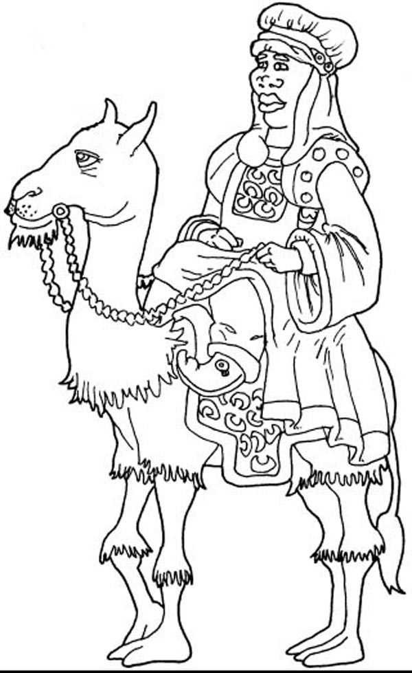dibujos para colorear a los Reyes Magos: Rey Baltasar en su camello.