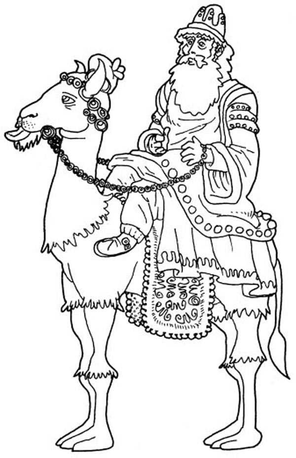 dibujos para colorear a los Reyes Magos: Rey Gaspar en su camello.