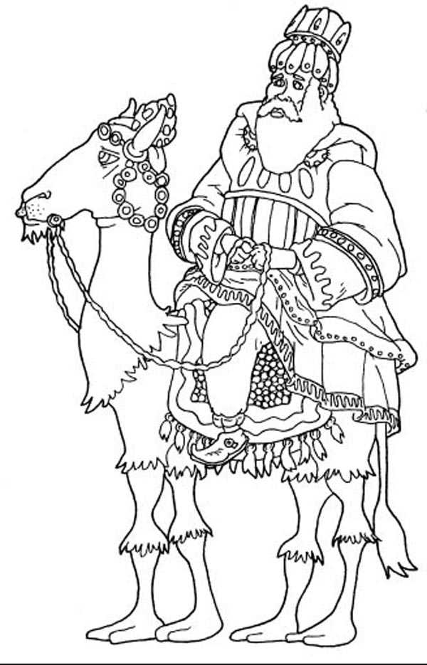 dibujos para colorear a los Reyes Magos: Rey Melchor en su camello.