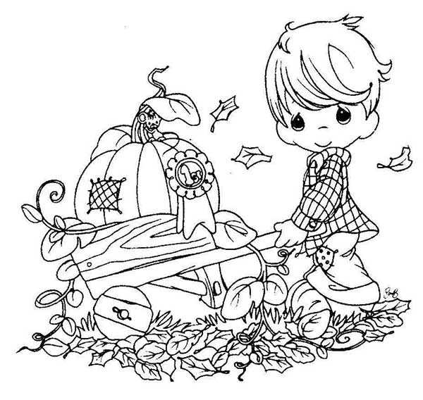 Niño con Carretilla Calabazas para Colorear - Dibujos Otoño