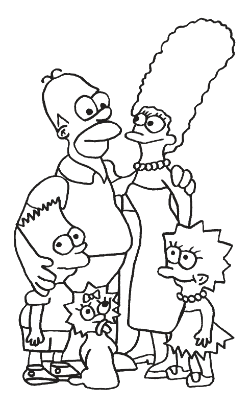 Colorear Los Simpsons: Homer, Marge, Bart, Maggie y Lisa.