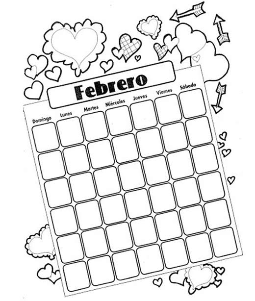 Calendario Febrero - Dibujos para Colorear San Valentín