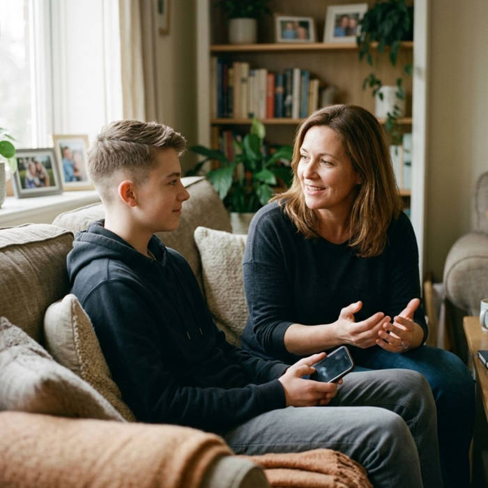 Madre hablando con su hijo adolescente sobre redes sociales