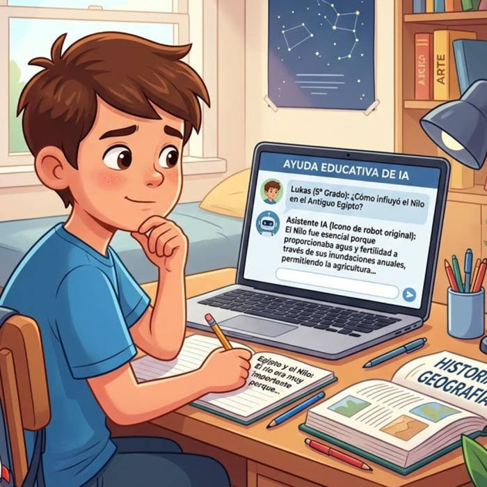 Niño utilizando ChatGPT para estudiar en casa