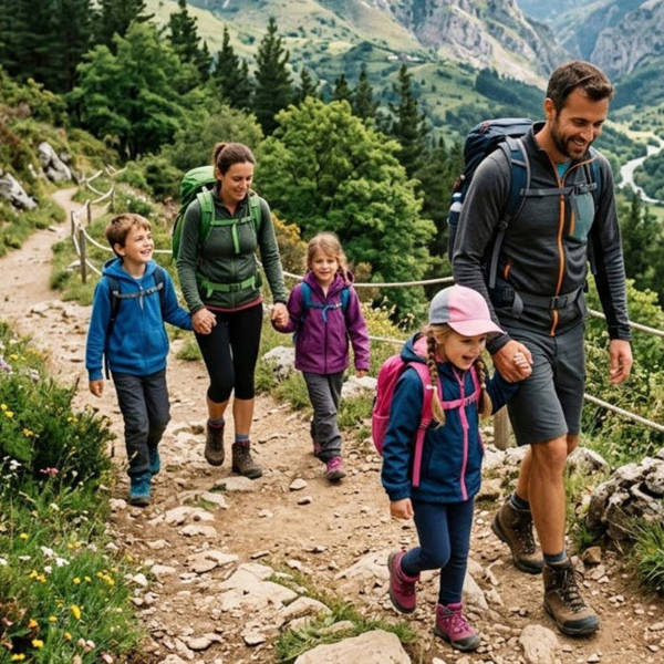 familia haciendo senderismo con niños en montaña