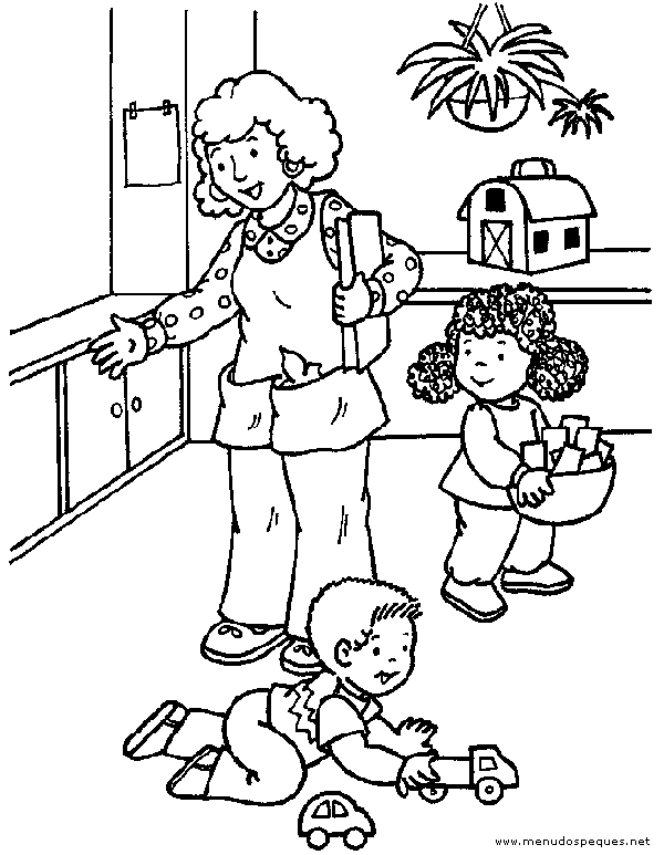 colorear profesora y niño jugando, vuelta al cole
