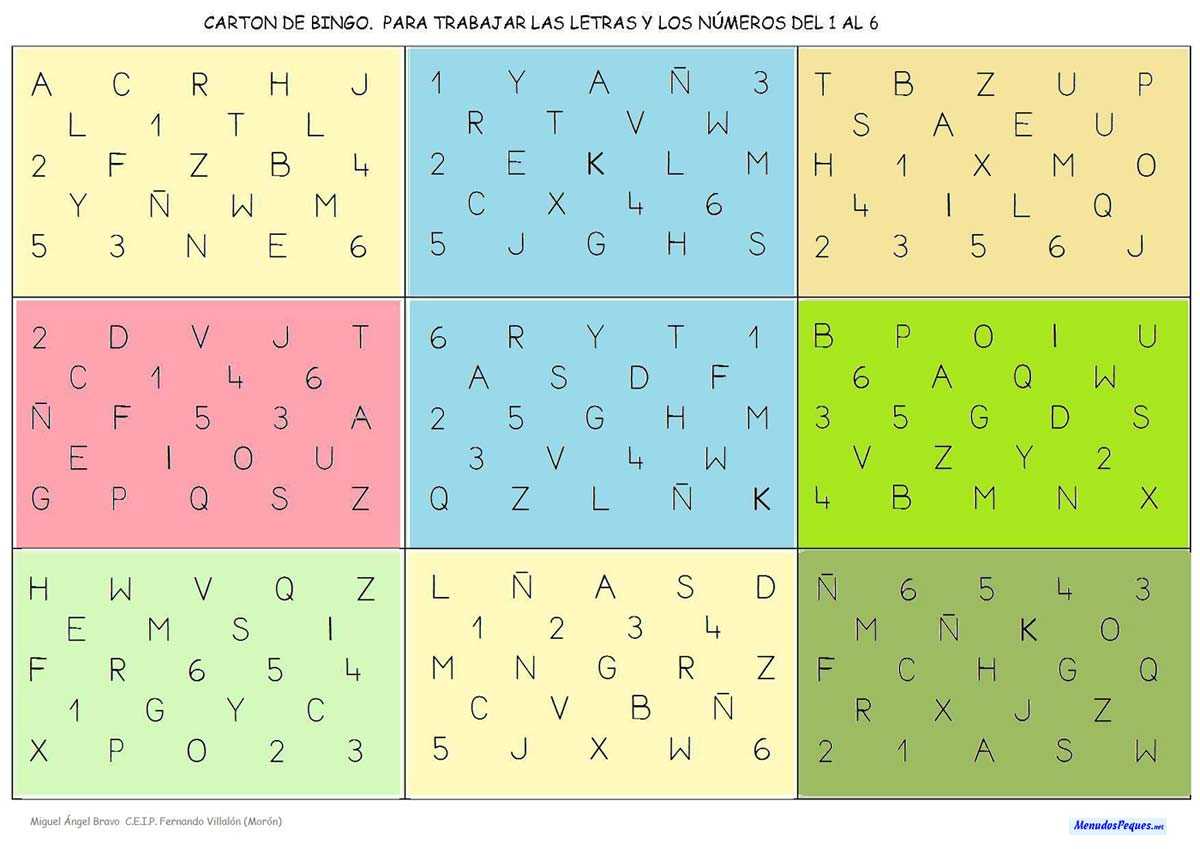 Cartón de bingo con letras y números del 1 al 6