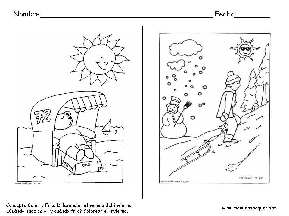 Concepto calor y frío, fichas invierno