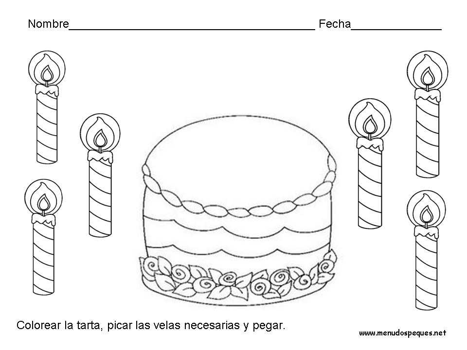 tarta con velas para colorear, fichas parea cumpleaños